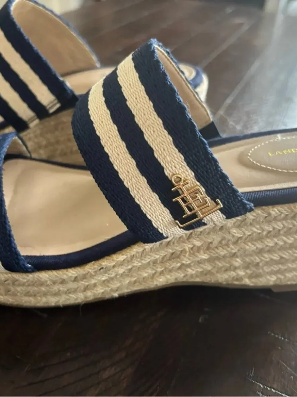 Lands End Navy/White Espadrille Slide Jute 2 Strap Wedge Sandal SZ 8